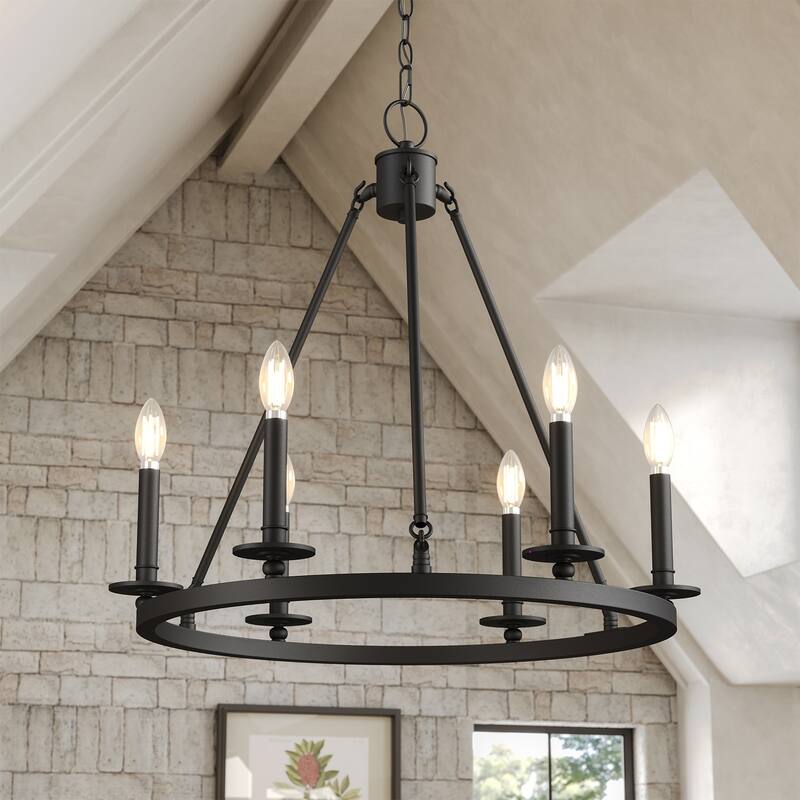 6-Light Farmhouse Black Wagon Wheel Chandelier with Adjustable Height
