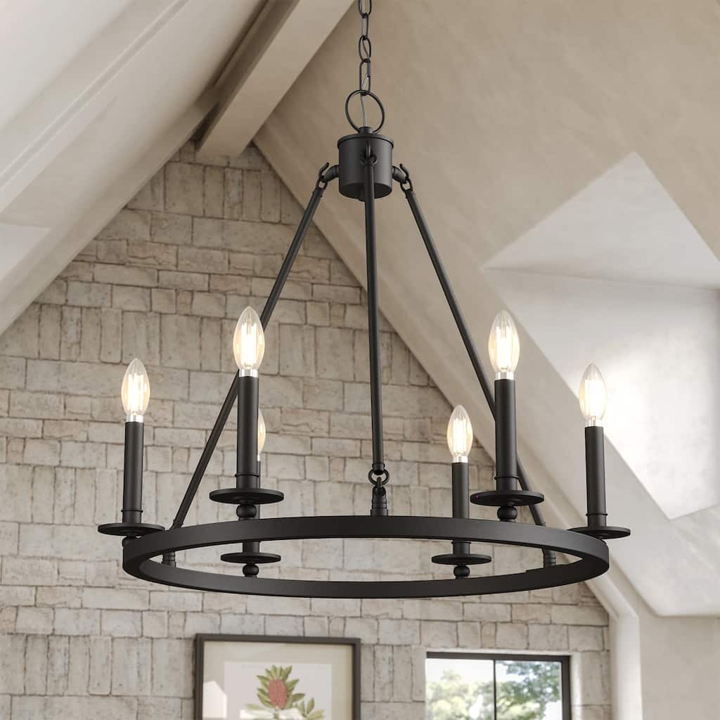 6-Light Farmhouse Black Wagon Wheel Chandelier with Adjustable Height