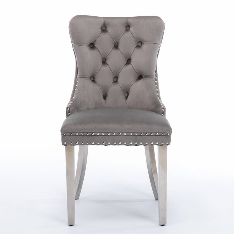 Set of 2 Contemporary High-End Tufted Upholstered Dining Chair with Nailhead & Stainless Steel Legs