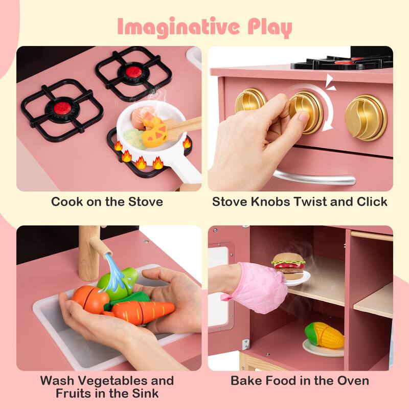 Gymax Play Kitchen for Kids w/ Door Curtain Stoves Sink & Oven