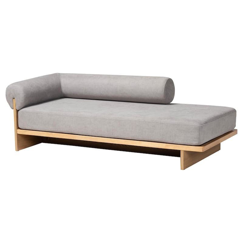 Bertille Left-Arm Chaise Lounge with Solid Wood Base - Minimalist Sofa Daybed with Grey Fabric Cushion and Bolster Pillow - Grey/Oak Brown