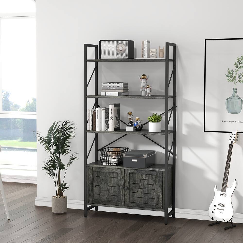 Moasis Industrial Bookshelf with 2 Doors 5-Tier Display Bookcase with Open Shelf