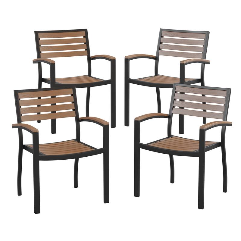 Set of 4 Stackable All-Weather Aluminum Patio Chairs with Faux Teak Slats