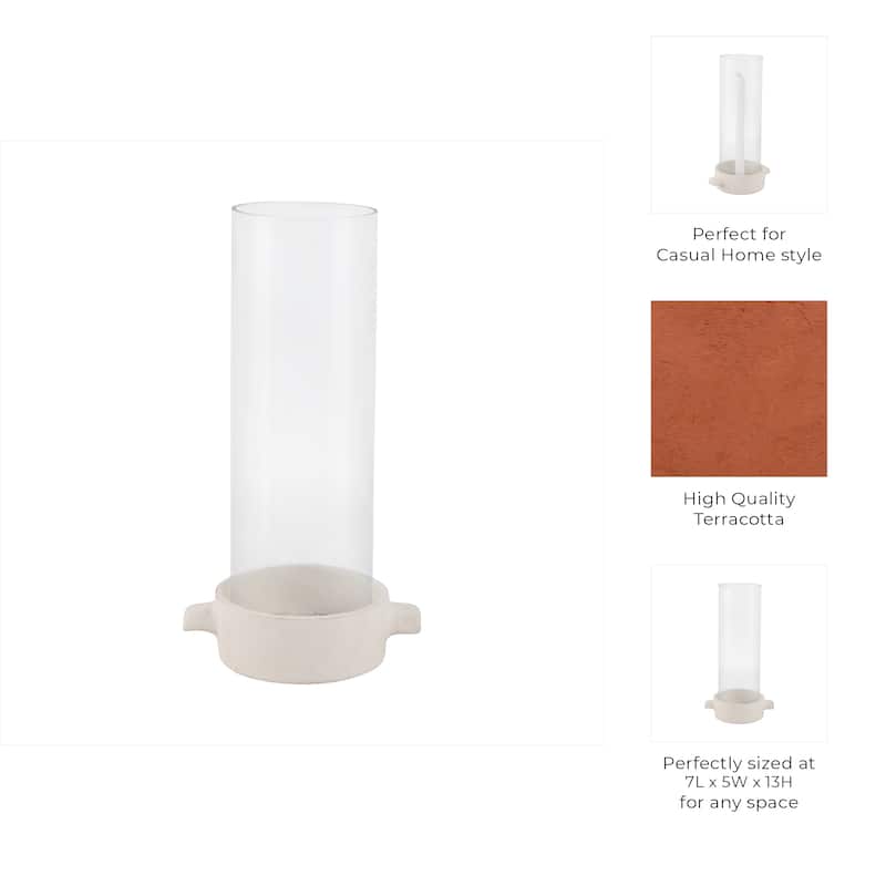 Pottery Glass Pillar and Taper Holder Rustic Base and Hurricane Sleeve - 7" x 5" x 13"
