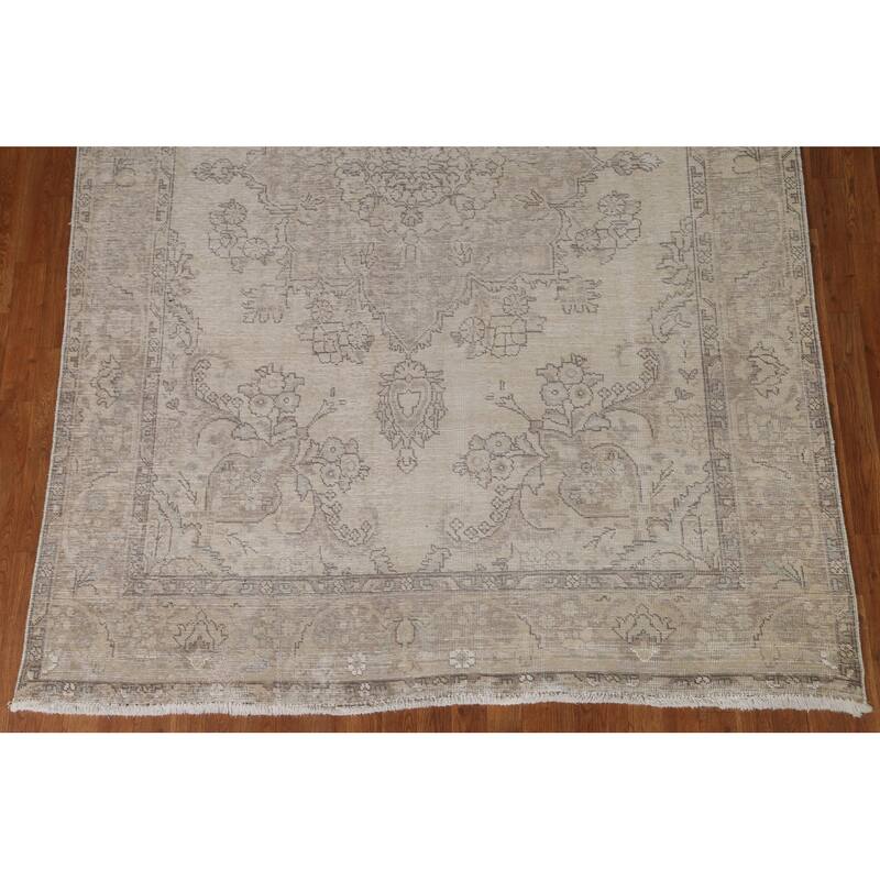 Hand Knotted Oriental 100% Wool Carpet Traditional Floral Beige & Ivories Tabriz Area Rug - 9' 7'' X 6' 7''