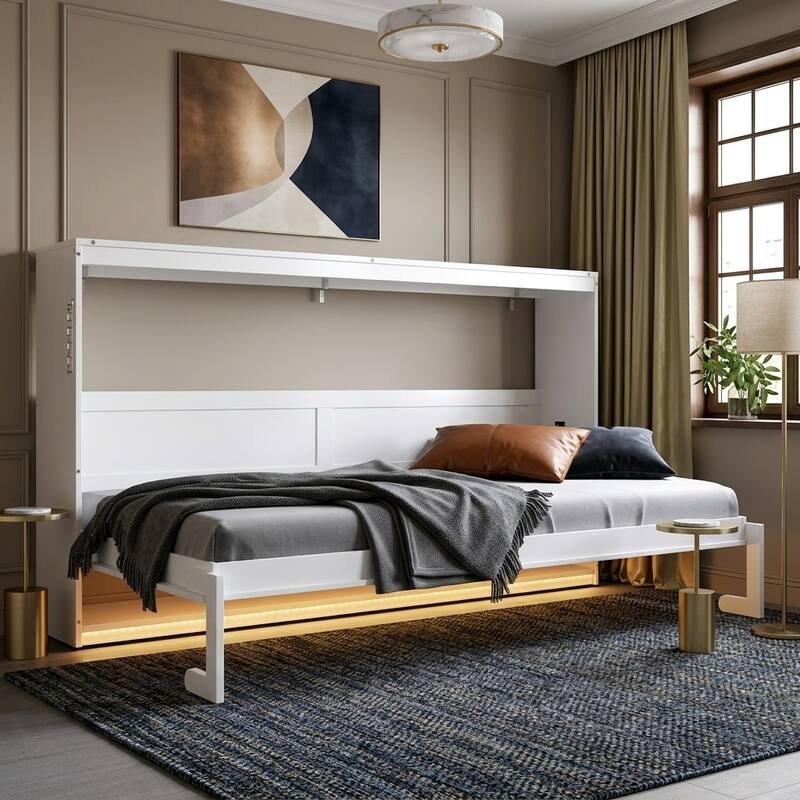 SideFold Murphy Bed with Geometric Art Panels, USB Power Hub & LED Glow by Harper&Bright Designs - White - Twin