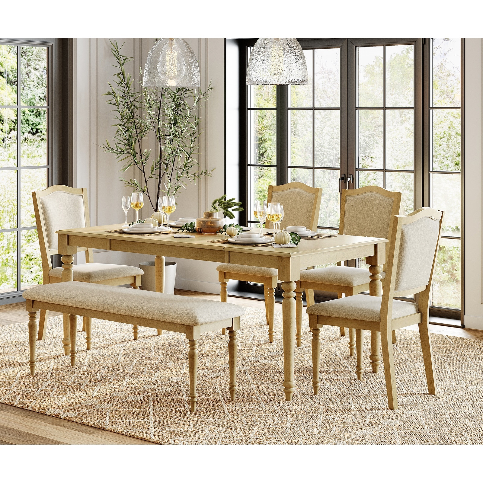 6-Piece Dining Table Set with Bench, Farmhouse Dining Set for 6, Oak