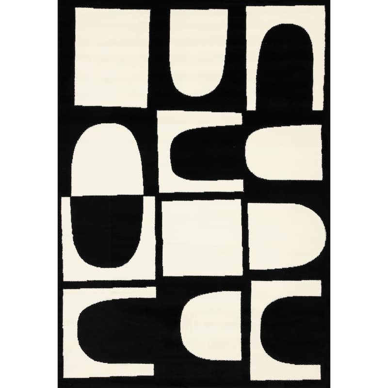 Black White Contrasting Geometric Blocks High-Traffic Rug