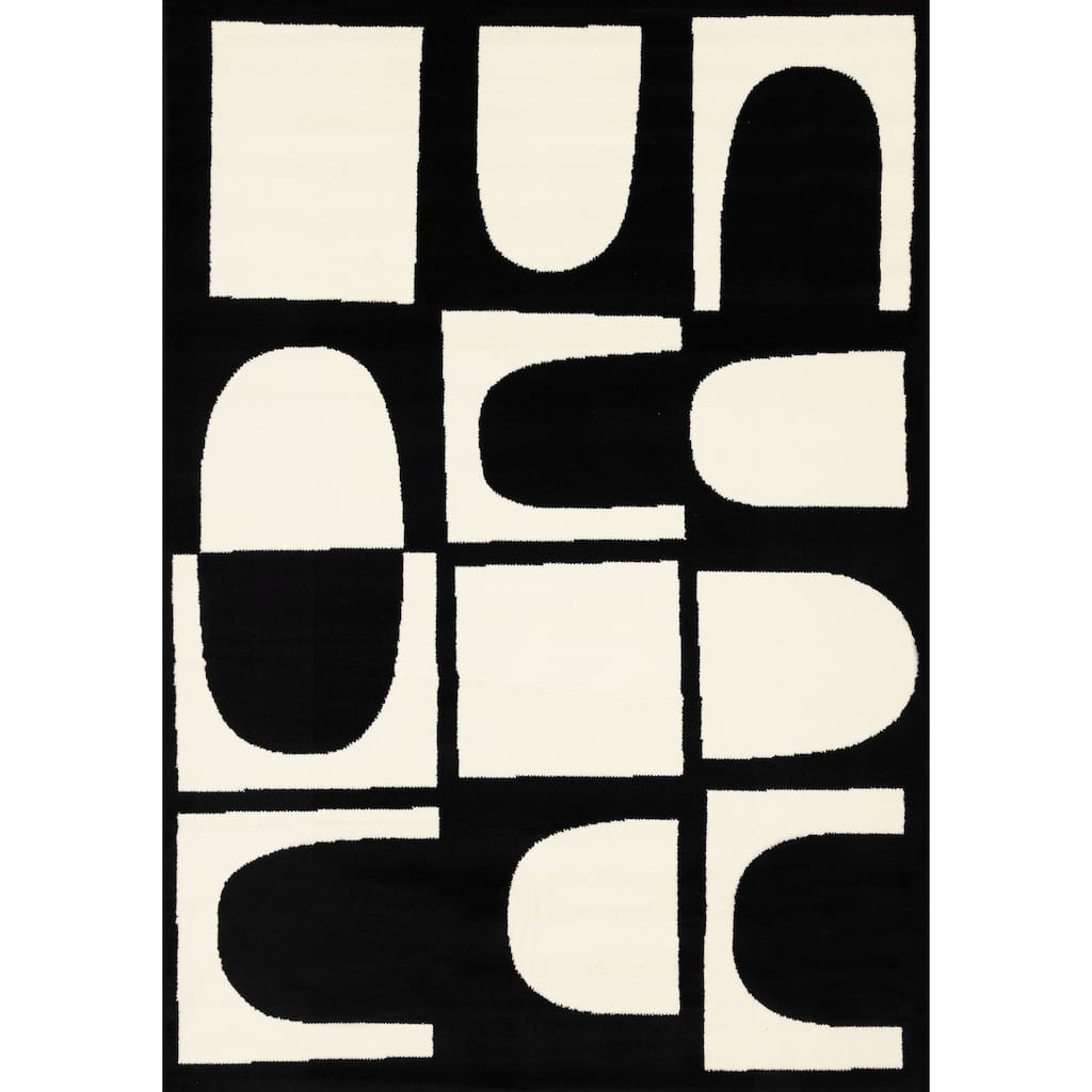 Black White Contrasting Geometric Blocks High-Traffic Rug