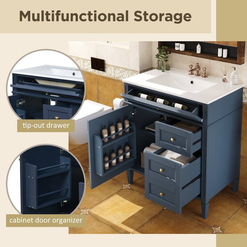 Single Sink Vanity for Bathroom Storage Cabinet with Tip-out Drawer, Small Drawer, Large Drawer, Door Rack and Adjustable Shelf