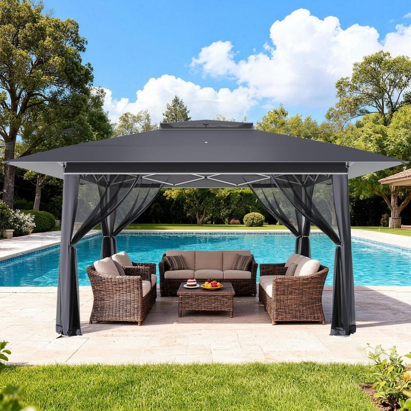 13x13 FT Pop Up Canopy Tent with Netting, UPF 50+ Outdoor Canopy with Automatic Eaves & One-Push Lock, for Patio & Parties - Grey - With Netting