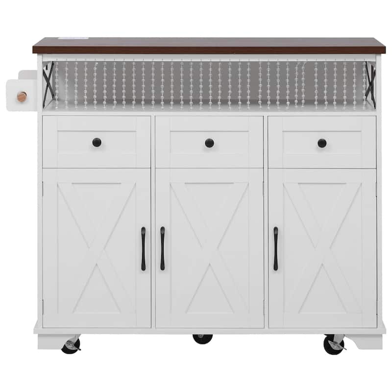 46.5''Farmhouse Kitchen Island with Drape of Beads, Power Outlet,Rolling Kitchen cart on Wheels with Drop Leaf,3 Doors,3 Drawers