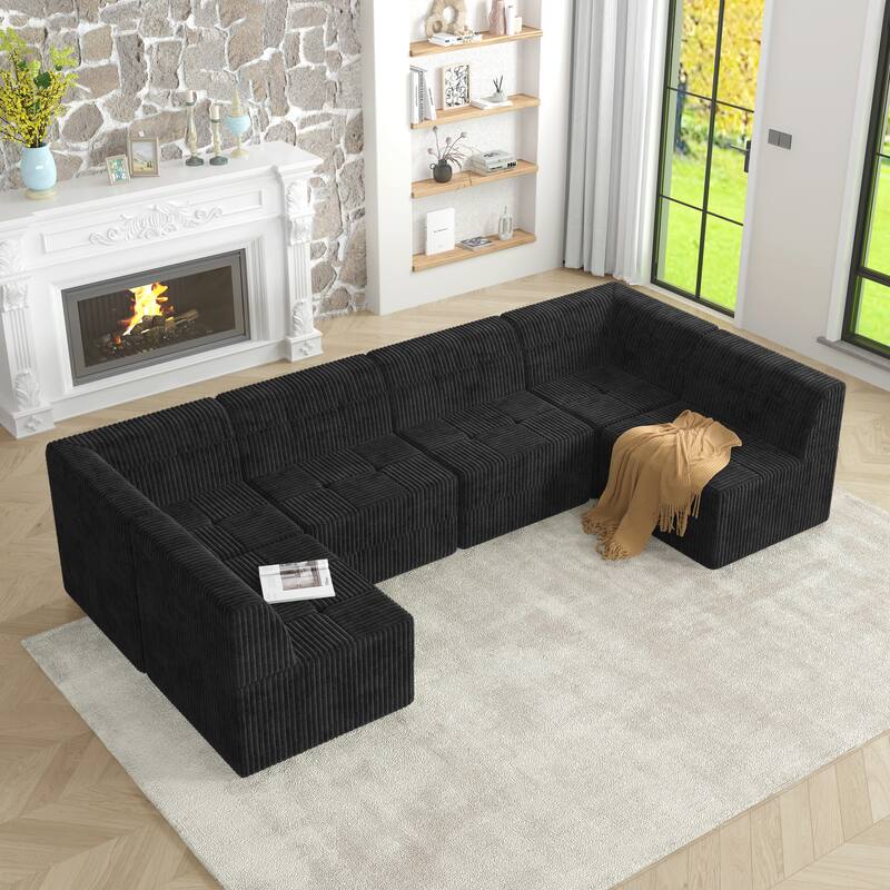 130.32" Corduroy U-Shaped Modular Sectional Sofa with Sleeper - Black