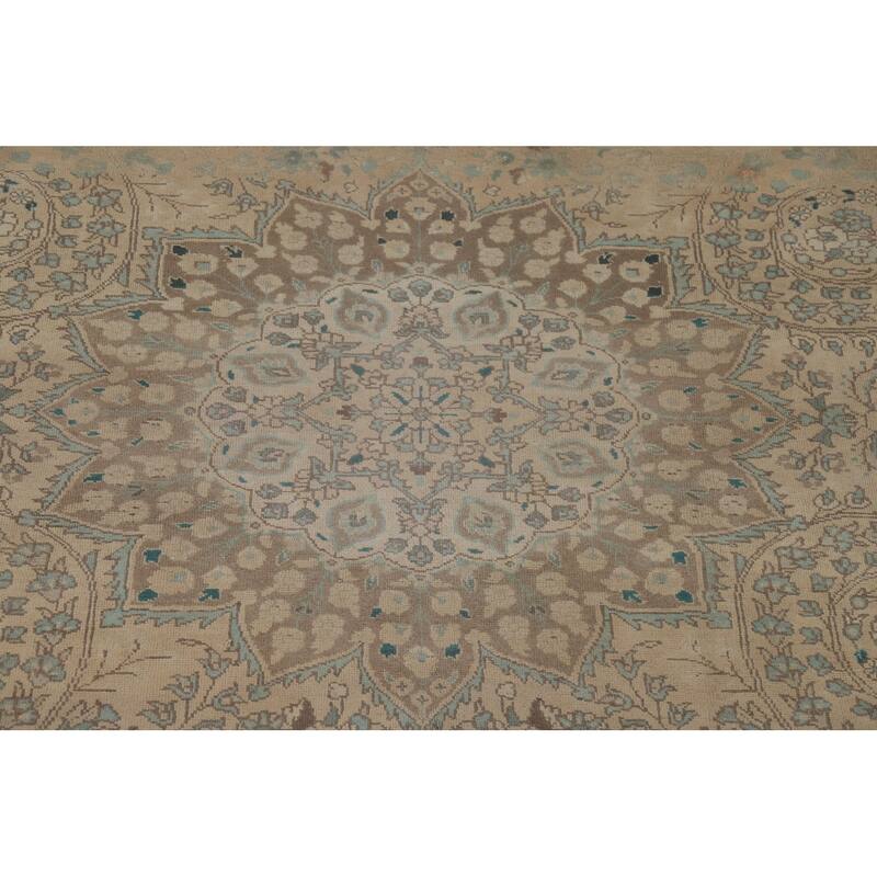 Distressed Tabriz Vintage Persian Rug Hand-Knotted Peach Wool Carpet - 9'11" x 13'3"