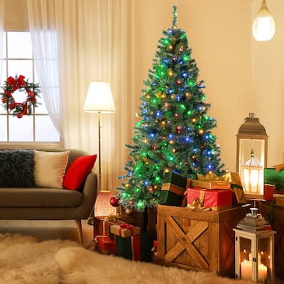 Gymax 7FT Pre-Lit Hinged Artificial Christmas Tree Decor Tree 3-Minute