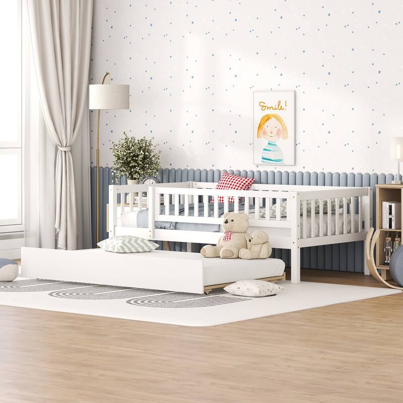 Wooden Twin Daybed with Trundle and Fence Guardrails, Space-Saving Design