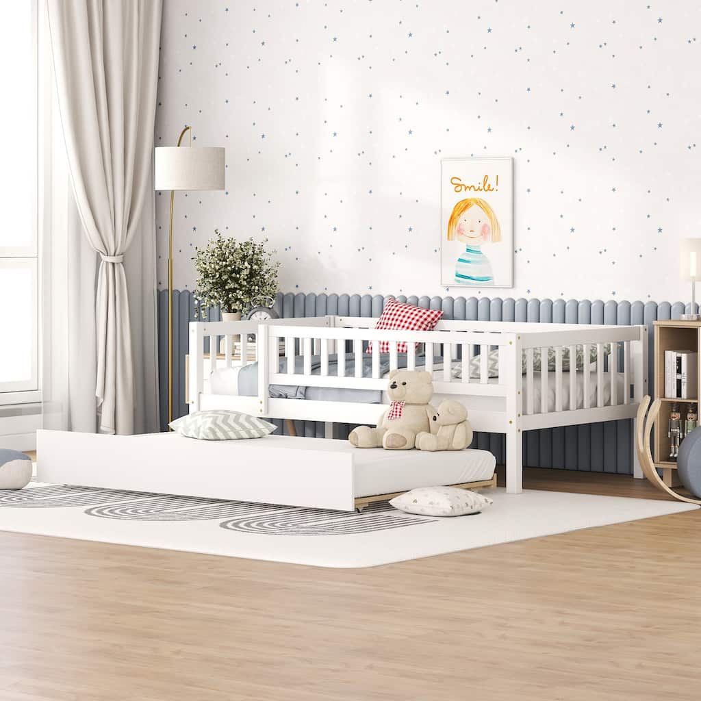 Wooden Twin Daybed with Trundle and Fence Guardrails, Space-Saving Design