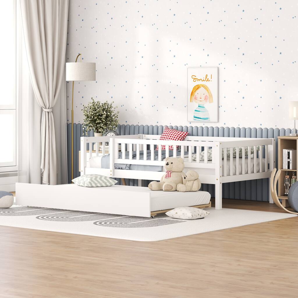 Wooden Twin/Full Daybed with Trundle and Fence Guardrails, No Box Spring Needed