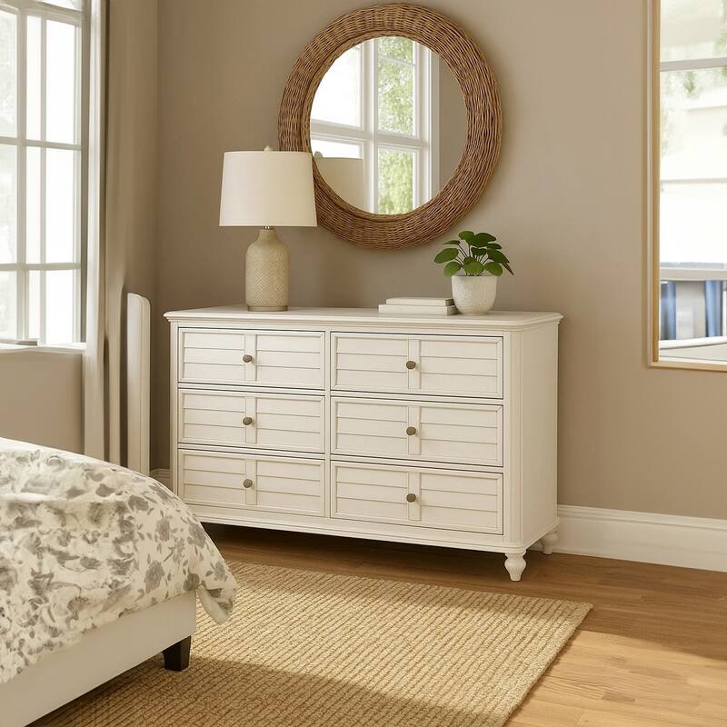 Kyna Wide Dresser, 6 Drawers, Classic Antique White Solid Wood