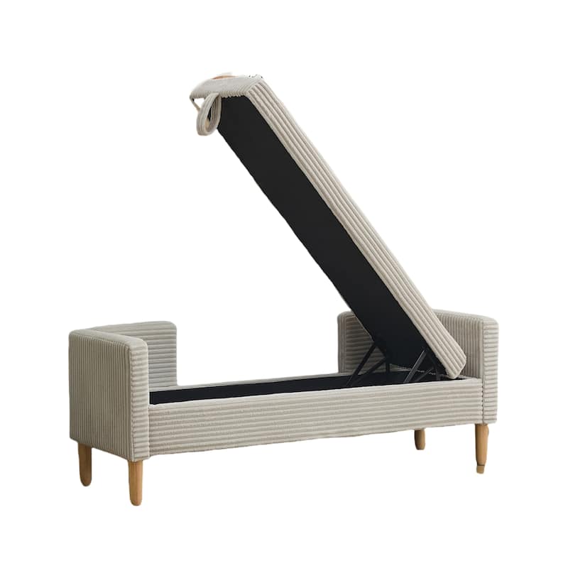 Corduroy Storage Bench with Bolster Pillows, 350LB, Natural Wood Legs