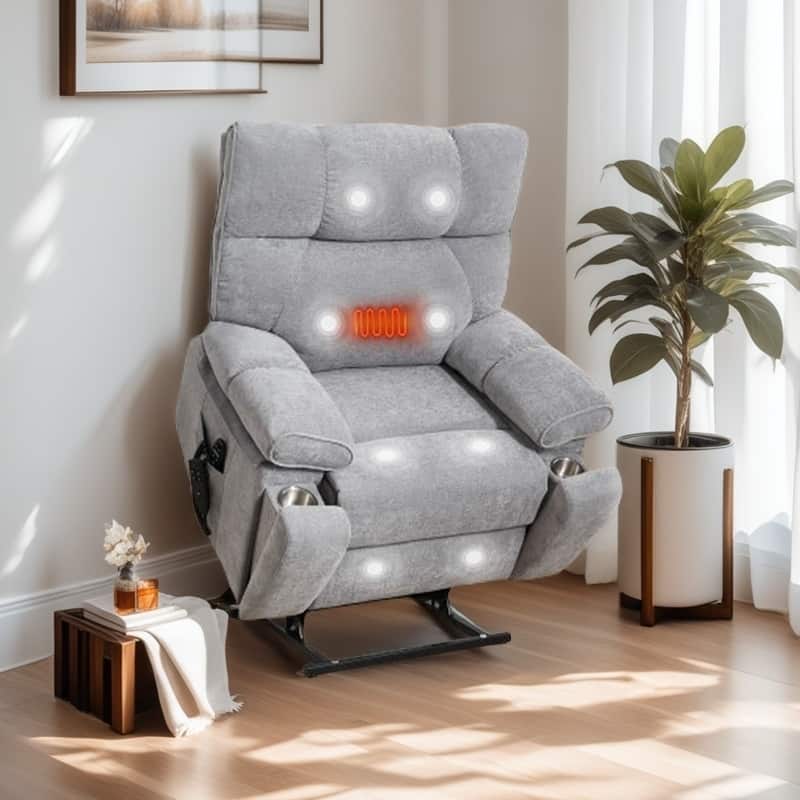 Oversized Power Lift Recliner with Dual Motors, Heat & Massage Functions, Infinite Position Recline, Hidden Cup Holders
