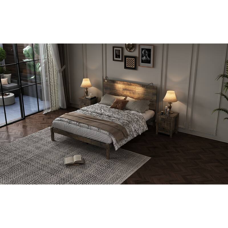 Queen Rustic Wood Platform Bed with Built-In Bedside Lights