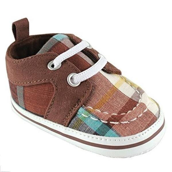 slide 1 of 1, Luvable Friends Baby Boy Crib Shoes, Brown Plaid 0-6 Months - Brown Plaid