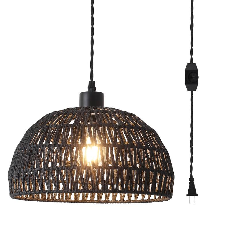 Plug in Handwoven Hemp Rope Lampshade Pendant Light with On/Off Switch