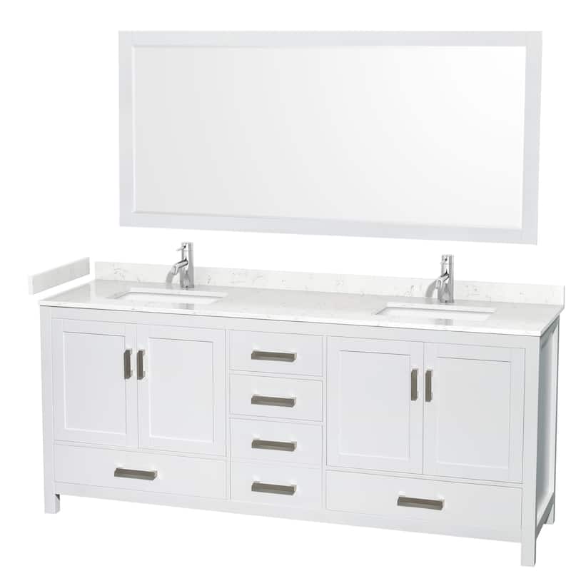 Sheffield Double Bathroom Vanity Set, Cultured Top, 70-Inch Mirror - 80-Inch Double - White, Carrara Cultured Marble Top, Chrome Trim