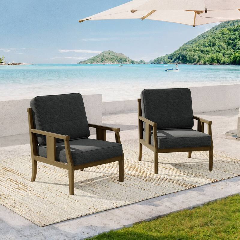 2 Set Brown Wood Outdoor Accent Club Chairs with Water-Resistant Cushions