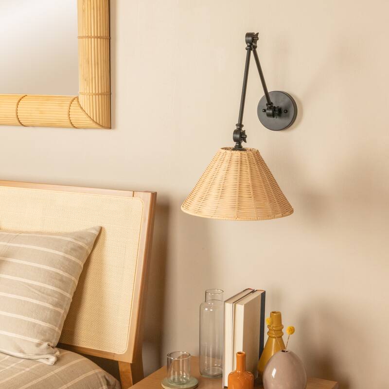 Adjustable Wall Sconce with Rattan Shade