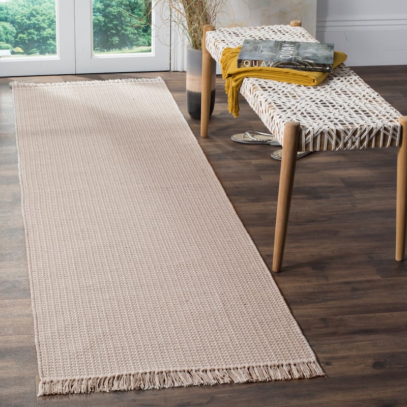 SAFAVIEH, Handmade Montauk Cliff Stripe Flatweave Cotton Fringe Rug - 2'3" x 22' Runner - Ivory/Grey