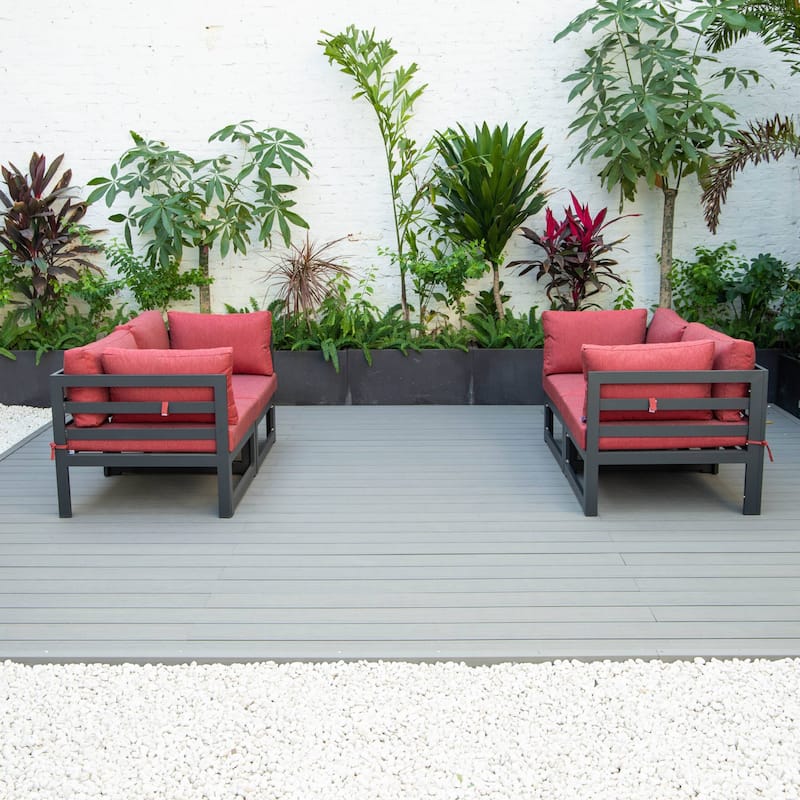 LeisureMod Chelsea 4-Piece Outdoor Patio Sectional Loveseat Set Black Aluminum with Cushions