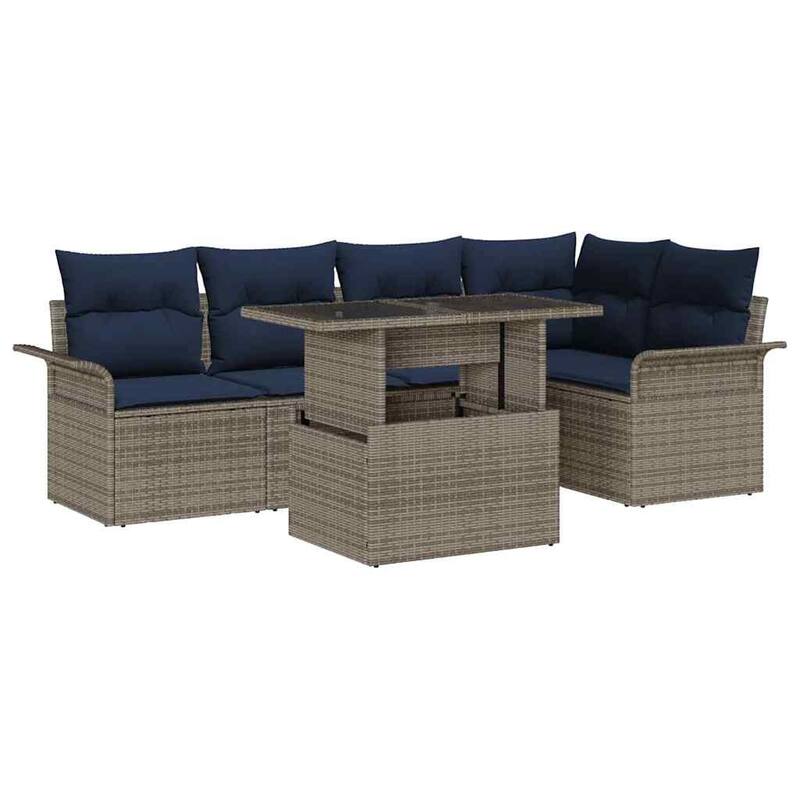 vidaXL 6 Garden Sofa Set with Cushions Black/Brown/Grey Poly Rattan - 95.5 x 52.2 x 27.2