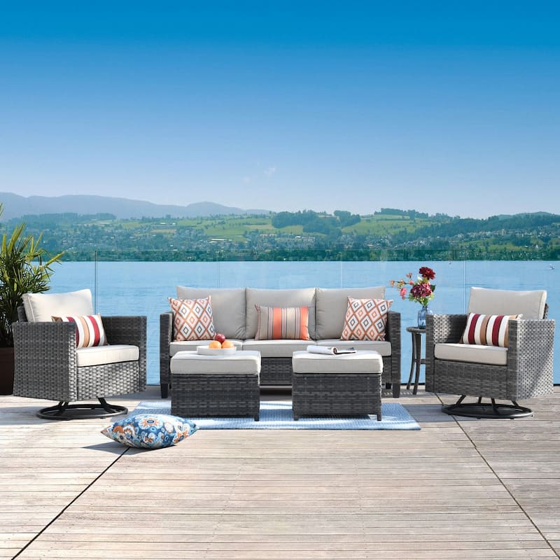 OVIOS 6-piece Patio Wicker Conversation Sofa Set with Swivel Rocking Chairs - Beige