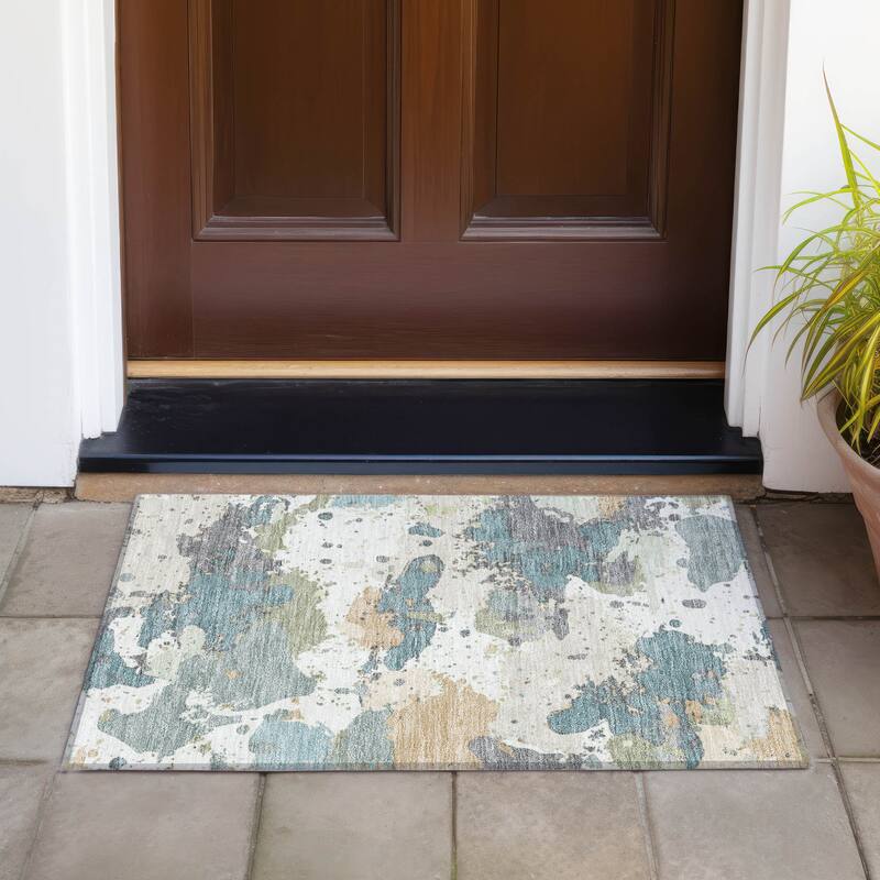 Machine Washable Indoor/Outdoor Modern Splatter Chantille Rug - Seafoam - 1'8" x 2'6"