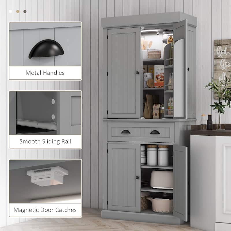 Nordic Style Kitchen Pantry with LED Lights, 6 Door Shelves, Drawer & 4 Adjustable Shelves