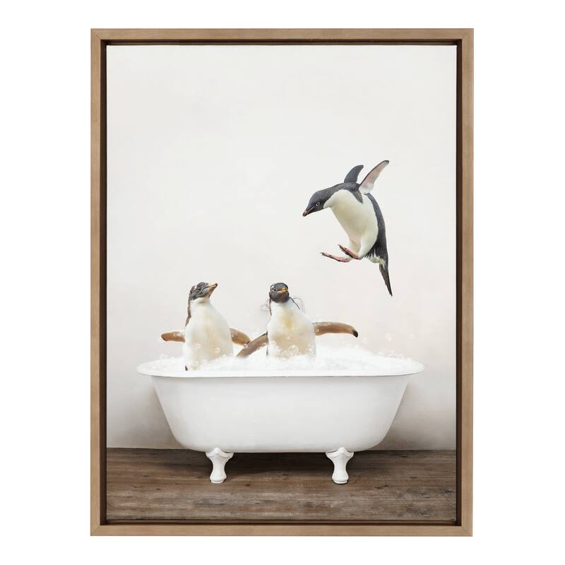 Kate and Laurel Sylvie Penguins Bath Framed Canvas by Amy Peterson