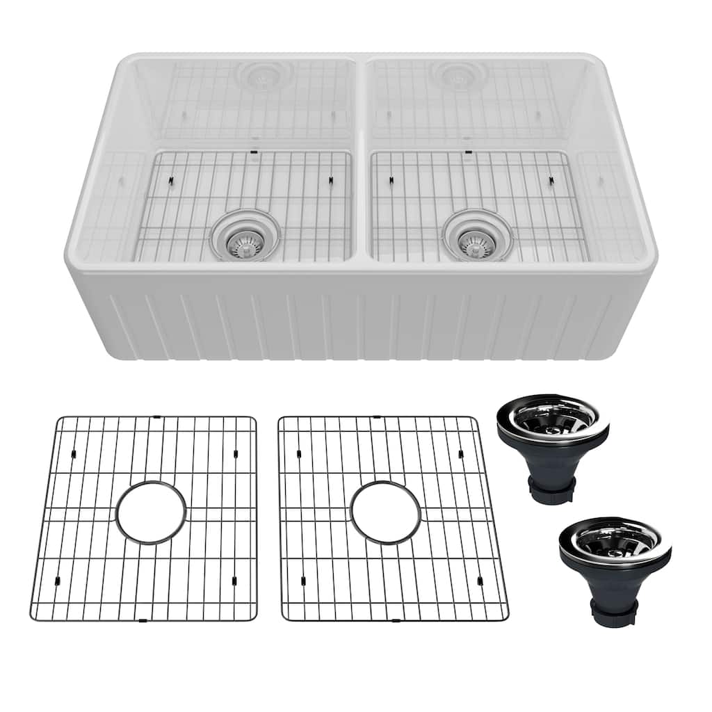 33 in. Farmhouse/Apron-Front Double Bowl Fireclay Kitchen Sink with Striped Design Reversible Installation, Grids and Strainers