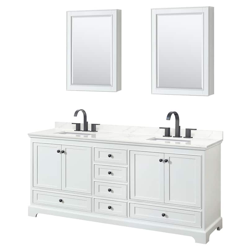 Deborah 80-inch Double Vanity, Quartz Top, Medicine Cabinets - White, Black Trim, Giotto Quartz Top