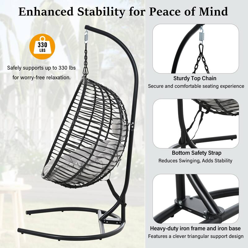 Single Person Folding Egg Chair Hanging Egg Chair with Stand, Wicker Hammock Swing Chair with Adjustable Anti-Slip Feet