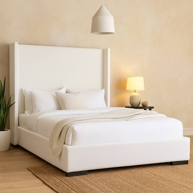 Boa Queen Size Bed w Vintage Wing Headboard, White Linen Upholstery