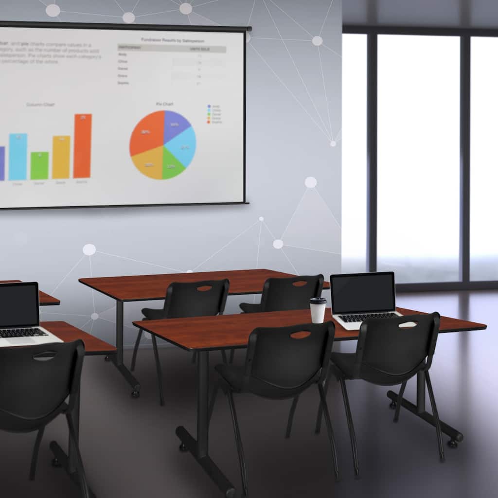 66" x 30" Training Table- Cherry and 2 "M" Stack Chairs- Black