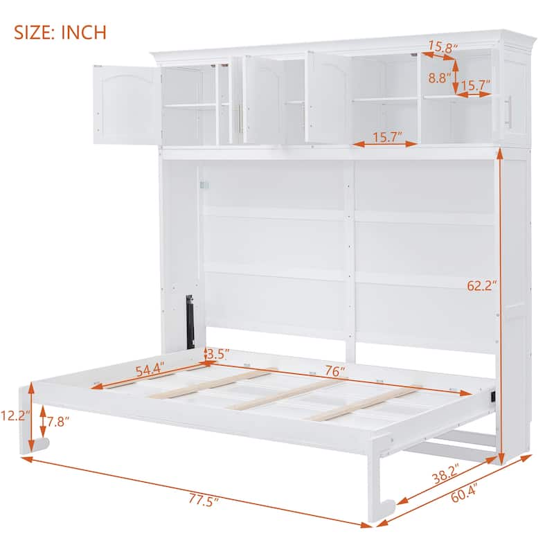 Full Murphy Wall Bed with Top Storage Cabinets - Space Saving Fold-Away Bed for Guest Rooms & Offices