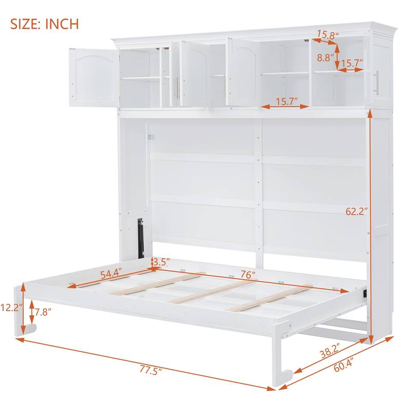 Full Size Wall Bed with Top Cabinets, White - Space-Saving Foldable Bed for Multi-Use Rooms