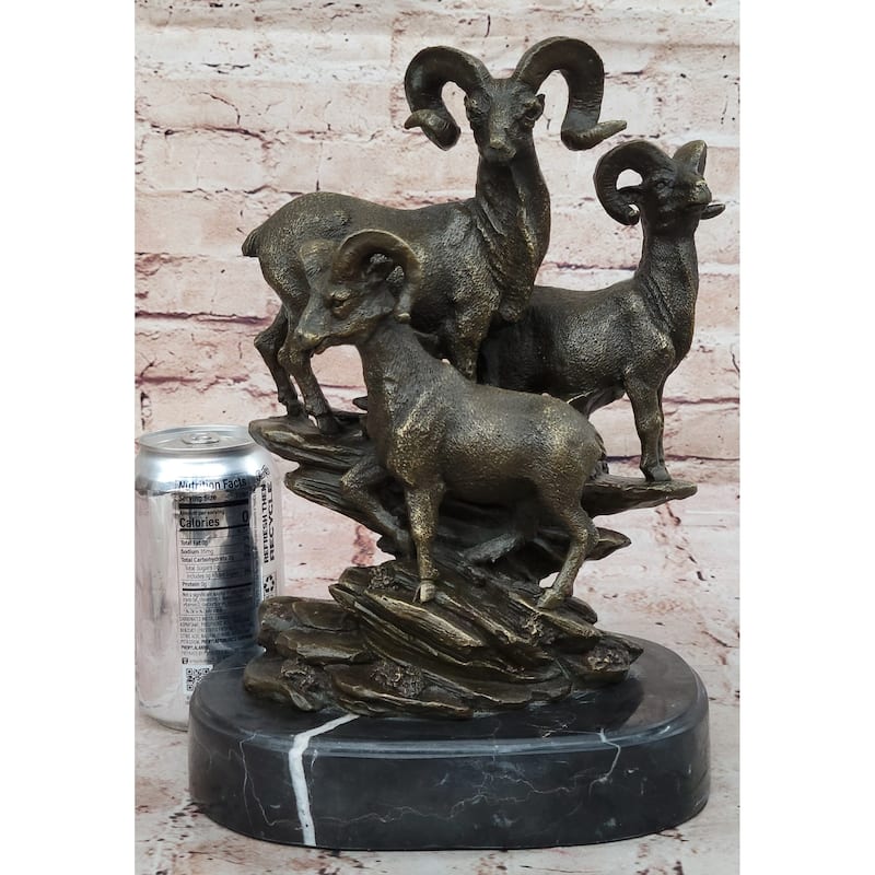 Trio Of Mountain Rams Bronze Sculpture On Marble Base For Rustic Wildlife Decor