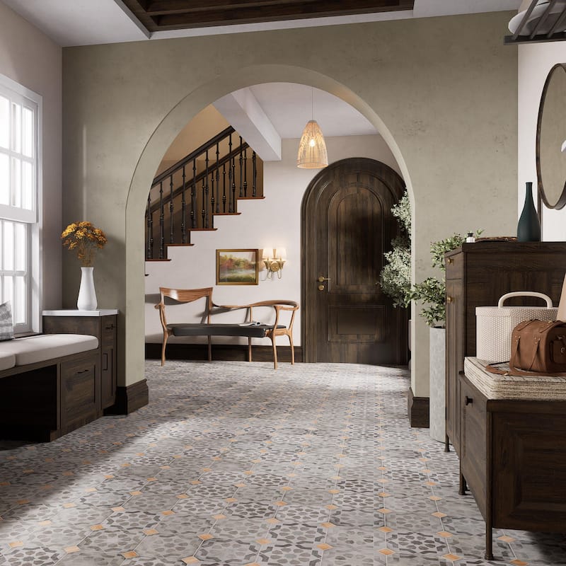 Merola Tile Laverton Octagon Deco Sombra with Taco Natural 7-7/8" x 7-7/8" Porcelain Floor and Wall Tile - Case (50 Tiles)