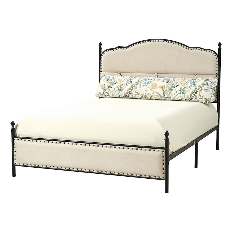 Eulalia Transitional Upholstered Platform Metal Bed Frame Four Poster Bed with High Headboard&Pillow