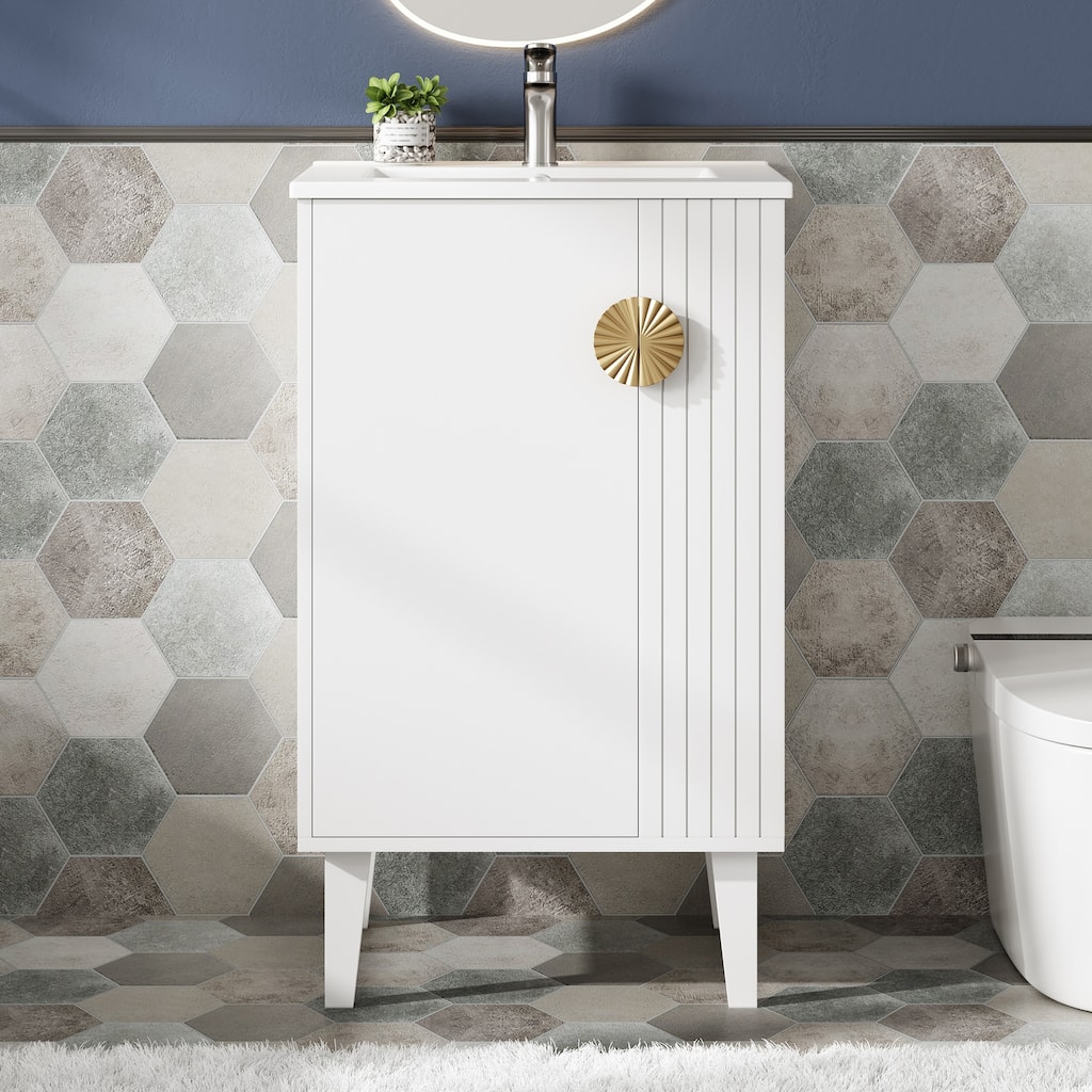 20" Freestanding Bathroom Vanity with Ceramic Sink, Soft Close Door & Half-Moon Pulls, French Style