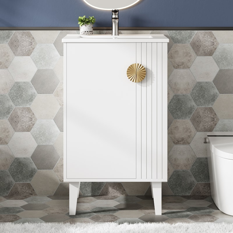 Roomfitters 20 Inch Bathroom Vanity with Ceramic Sink, Freestanding French Style Cabinet with Half-Moon Pulls - White